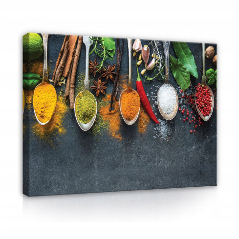 Obraz Do Kuchni Przyprawy Zioła Sztućce 100x70