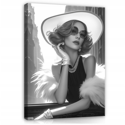 OBRAZ KOBIETA W KAPELUSZU CZARNO BIAŁY NA PŁÓTNIE DO SYPIALNI SALONU 120x80