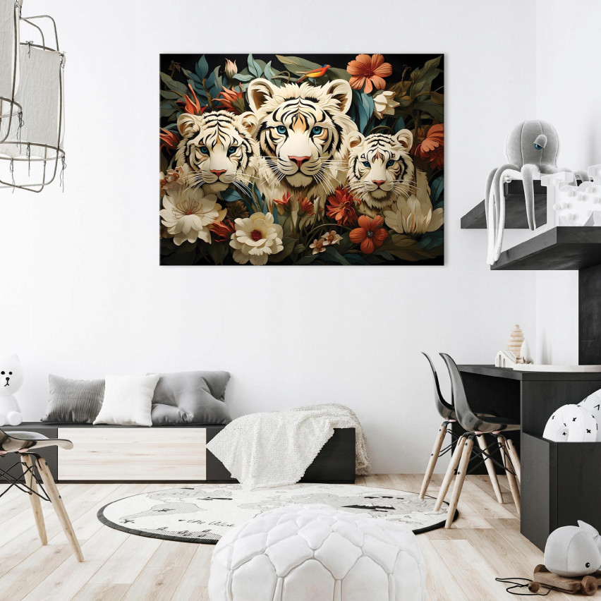 Obraz TYGRYS KWIATY ZWIERZĘTA Na Płótnie Ścianę Do Sypialni Salonu 60x40