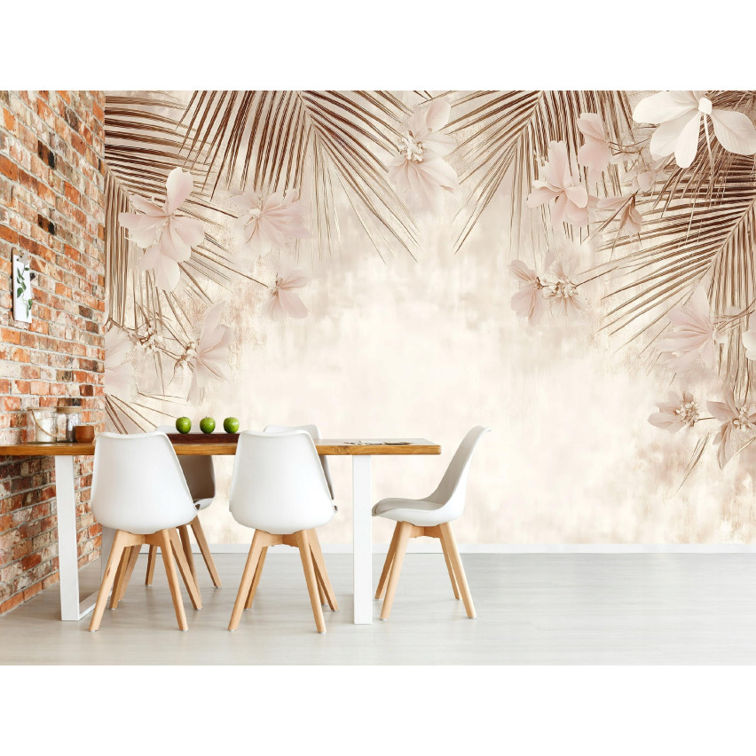 FOTOTAPETA LIŚCIE PALMY BETON BEŻOWA BOHO DO SYPIALNI SALONU TAPETA 250x175