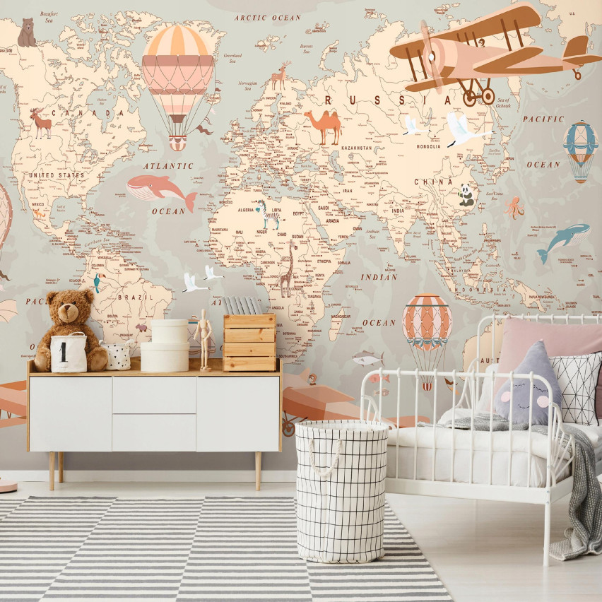 FOTOTAPETA DLA DZIECI MAPA ŚWIATA ZWIERZĘTA TAPETA NA ŚCIANĘ 150x105