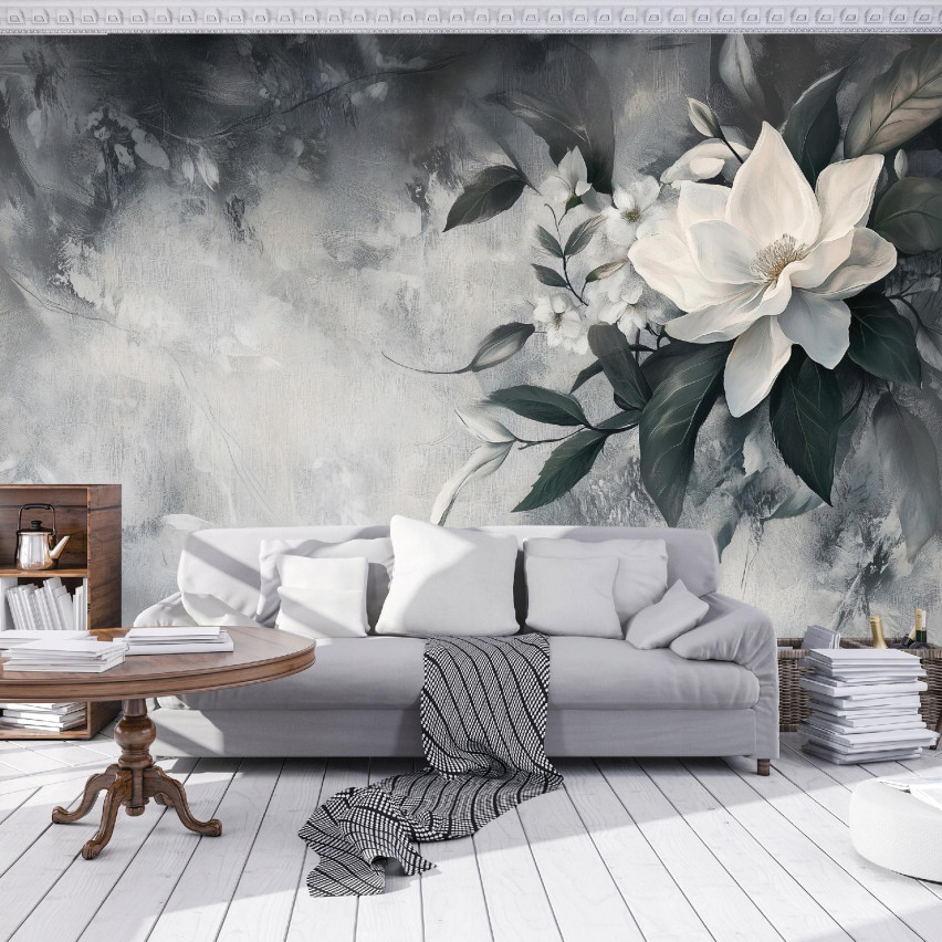 FOTOTAPETA LIŚCIE KWIATY BETON SZARA KUCHNIA SYPIALNIA SALON TAPETA 200x140