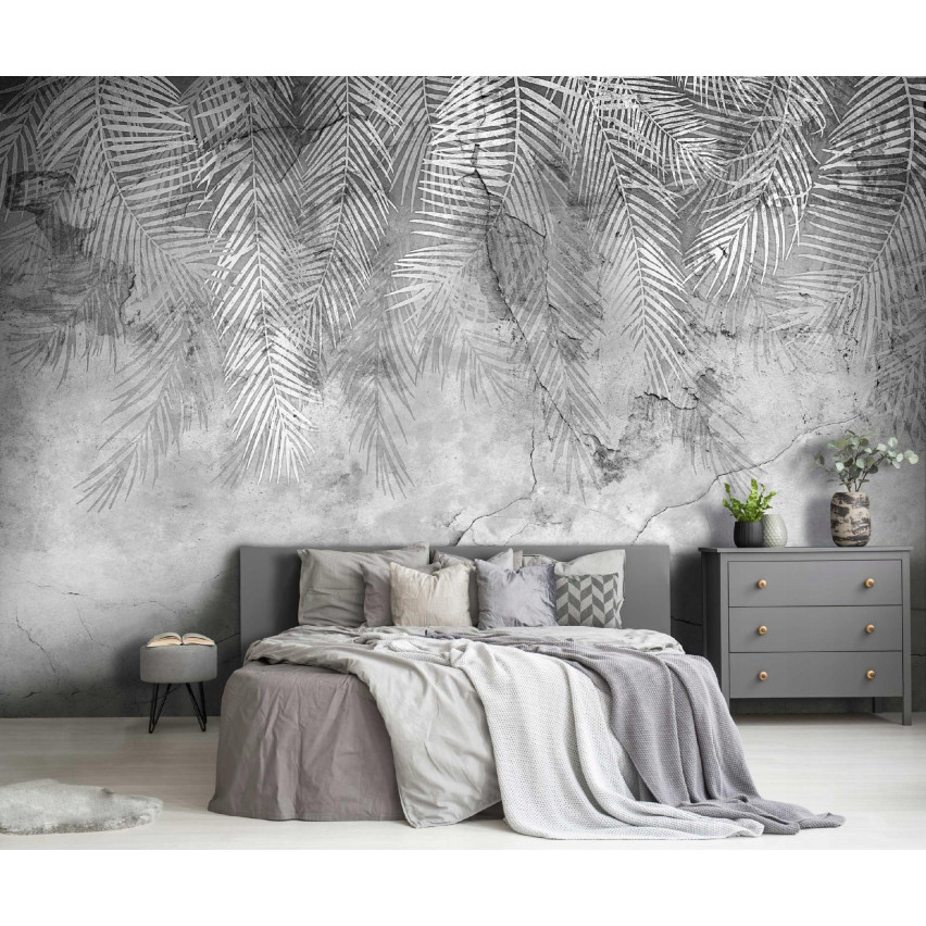 FOTOTAPETA LIŚCIE PALMY NA BETONIE PIÓRA DO SYPIALNI SALONU TAPETA 150x105