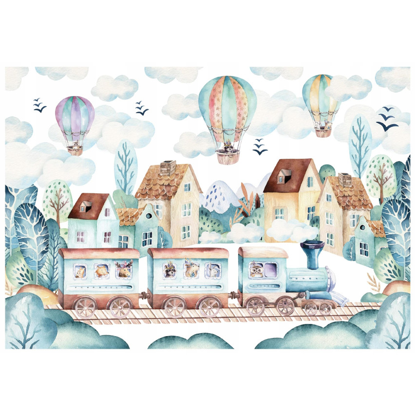 FOTOTAPETA DLA DZIECI SKANDYNAWSKA POCIĄG BALONY TAPETA NA ŚCIANĘ 200x140
