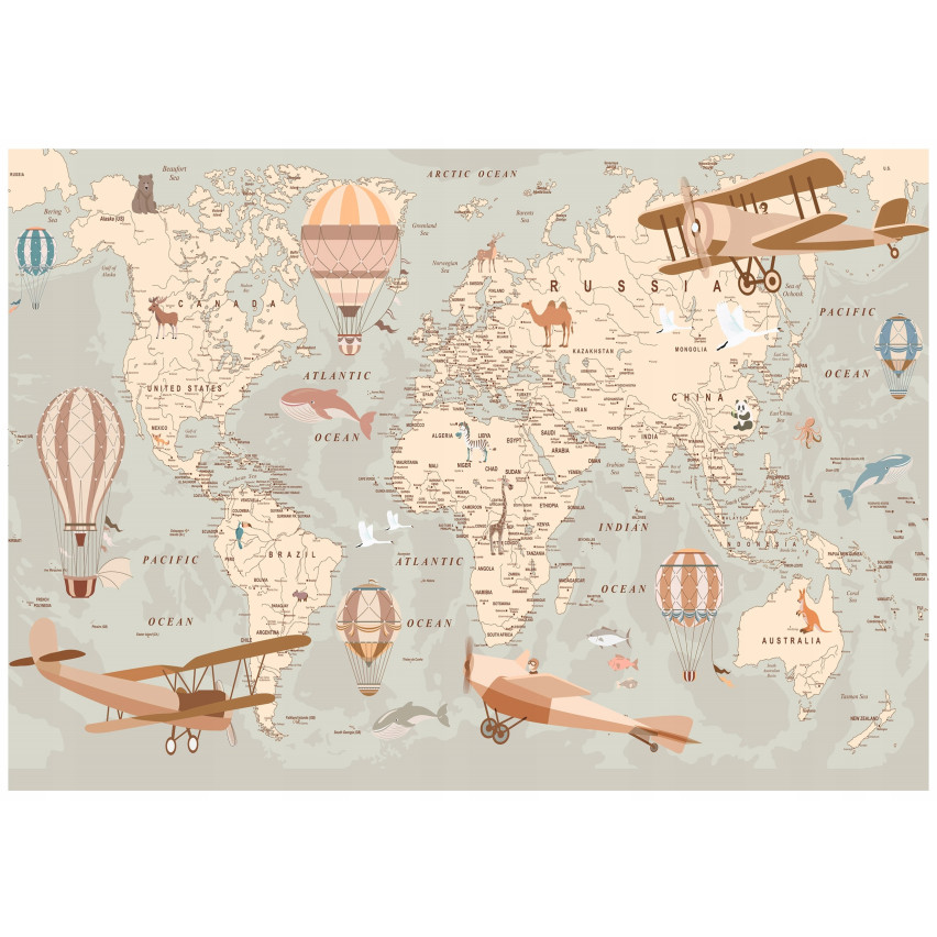 FOTOTAPETA DLA DZIECI MAPA ŚWIATA ZWIERZĘTA TAPETA NA ŚCIANĘ 150x105