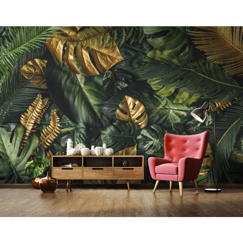 FOTOTAPETA LIŚCIE MONSTERA ZŁOTE ZIELONE DO SYPIALNI SALONU TAPETA 200x140