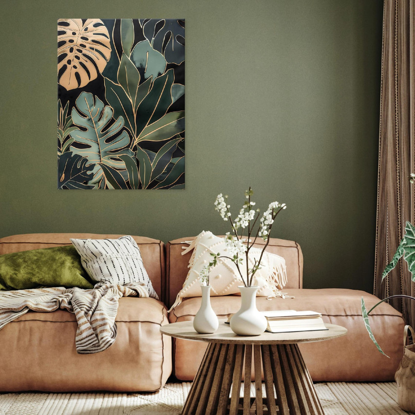 OBRAZ LIŚCIE ZIELONE ZŁOTE NA PŁÓTNIE ŚCIANĘ DO SYPIALNI SALONU 60x40