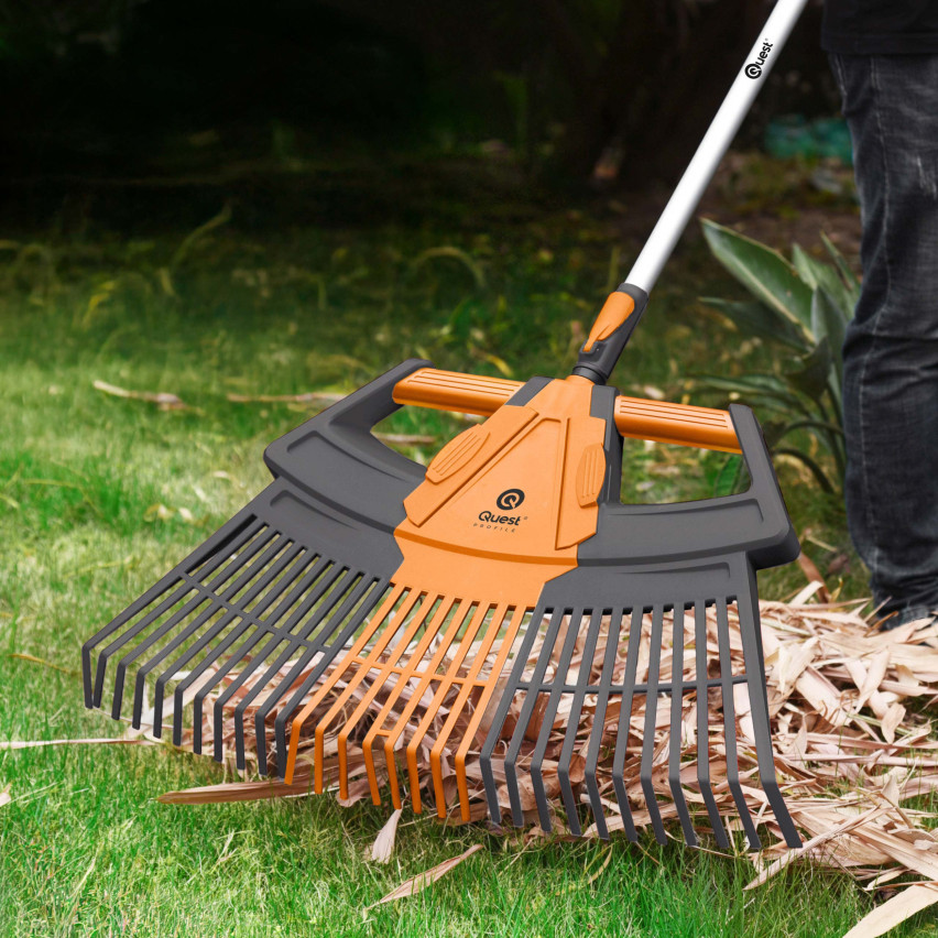 Grabie wachlarzowe, grabie metalowe, trzonek teleskopowy, podbierak do owoców, szczotka do bruku - System ogrodowy QUEST