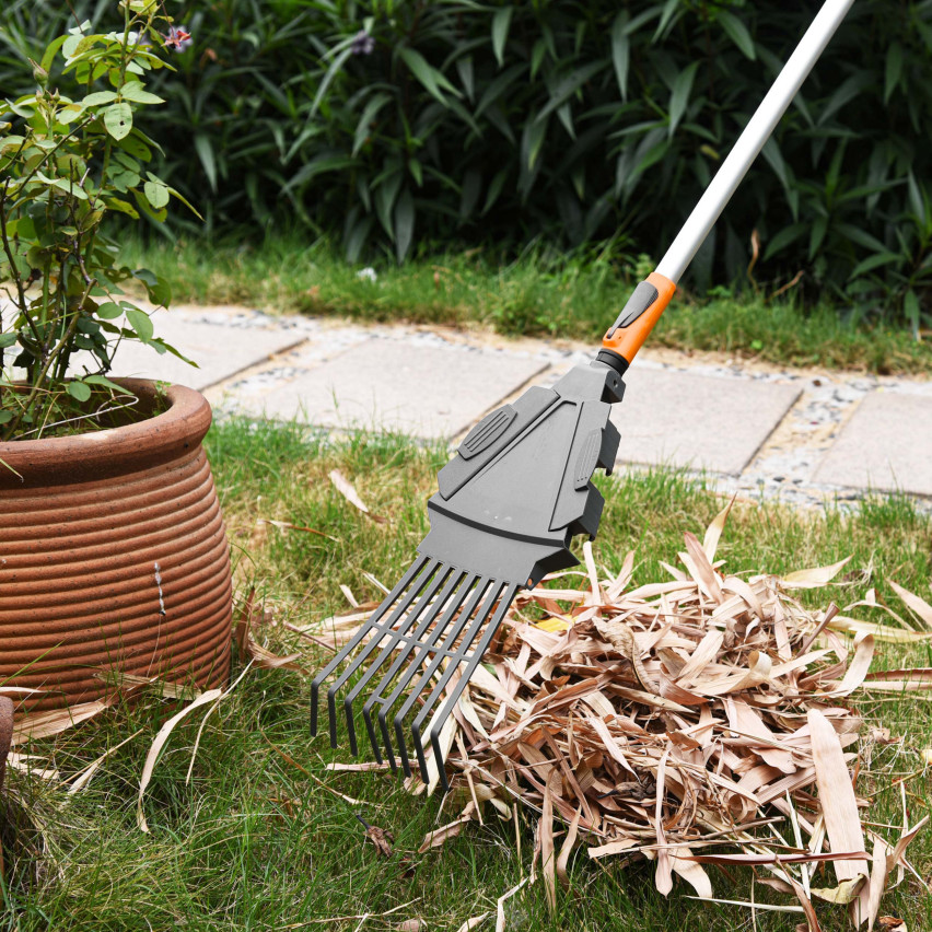 Grabie wachlarzowe, grabie metalowe, trzonek teleskopowy, podbierak do owoców, szczotka do bruku - System ogrodowy QUEST