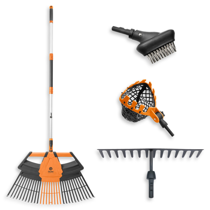 Grabie wachlarzowe, grabie metalowe, trzonek teleskopowy, podbierak do owoców, szczotka do bruku - System ogrodowy QUEST