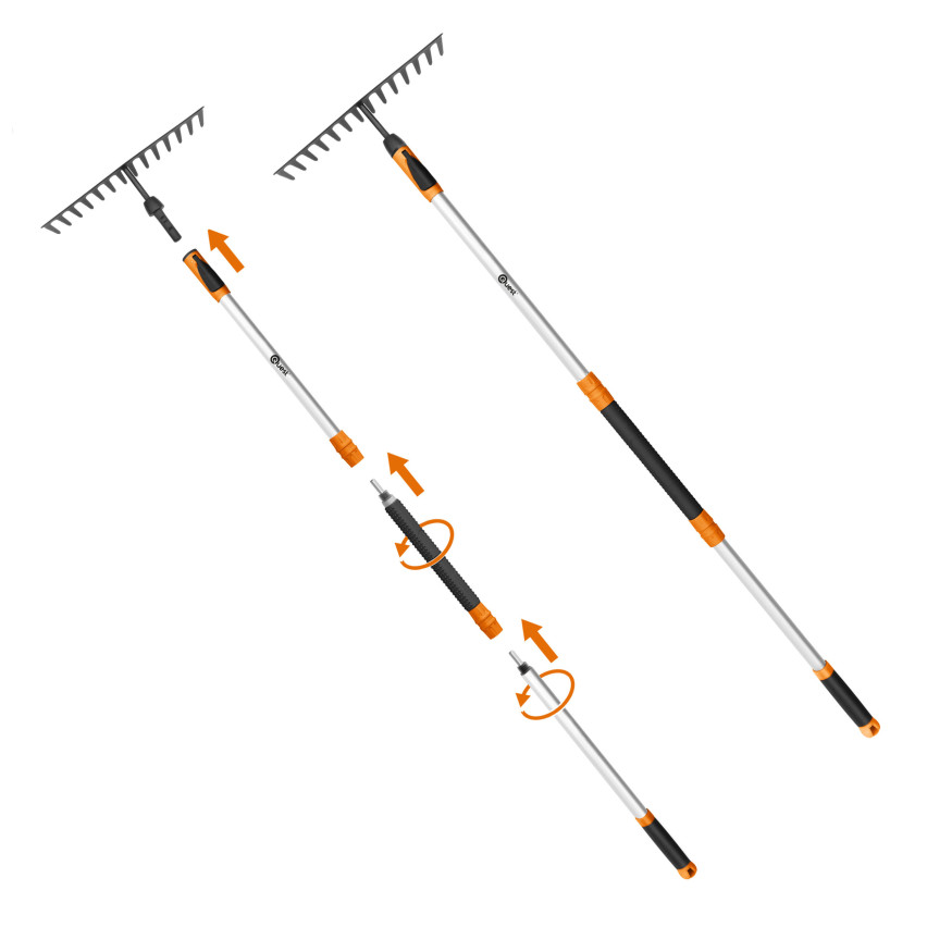 Grabie wachlarzowe, grabie metalowe, trzonek teleskopowy, podbierak do owoców, szczotka do bruku - System ogrodowy QUEST