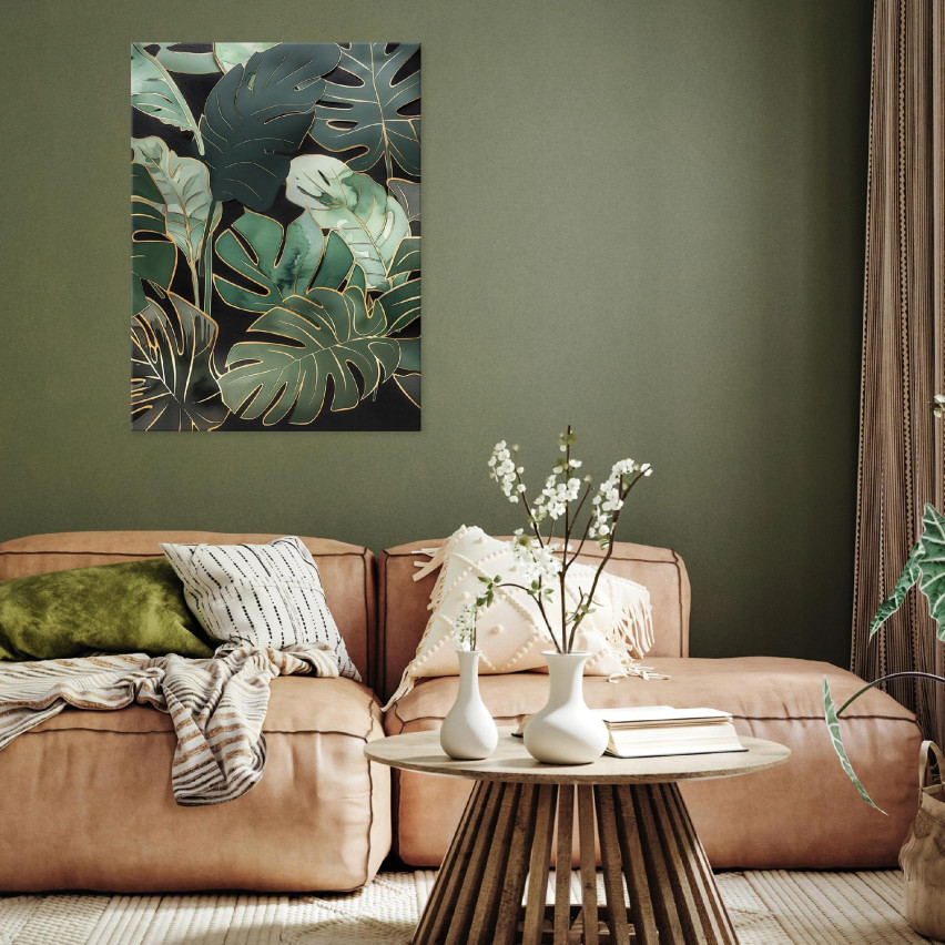 OBRAZ LIŚCIE ZIELONE MONSTERA NA PŁÓTNIE ŚCIANĘ DO SYPIALNI SALONU 60x40