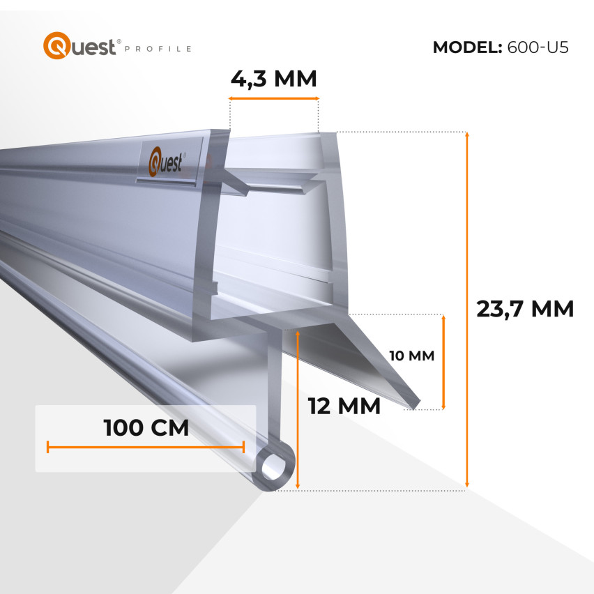 Uszczelka prysznicowa dolna 100 cm przeźroczysta, okrągła, z zaokrąglonym tunelem, 2 sztuki