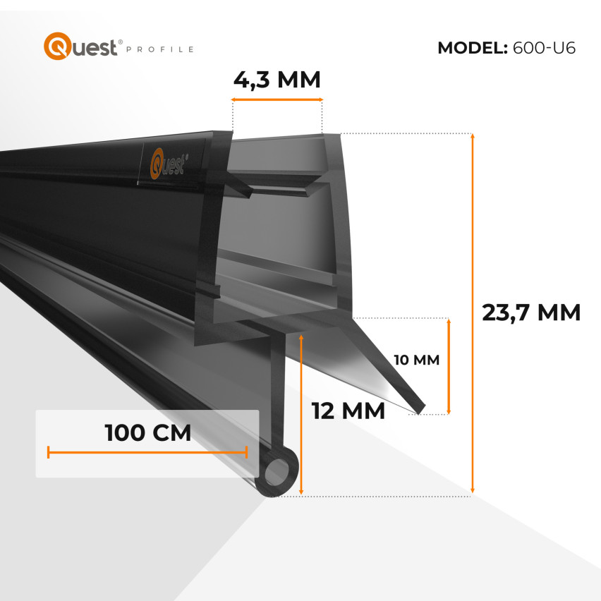 Uszczelka prysznicowa dolna 100 cm czarna, okrągła, z zaokrąglonym tunelem, 2 sztuki