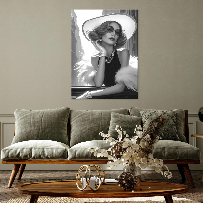 OBRAZ KOBIETA W KAPELUSZU CZARNO BIAŁY NA PŁÓTNIE DO SYPIALNI SALONU 120x80
