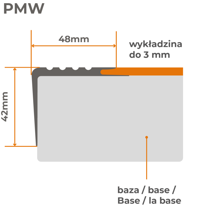 Profil schodowy PCV 48x42 mm, samoprzylepny antypoślizgowy nosek schodowy, PMW, czarny