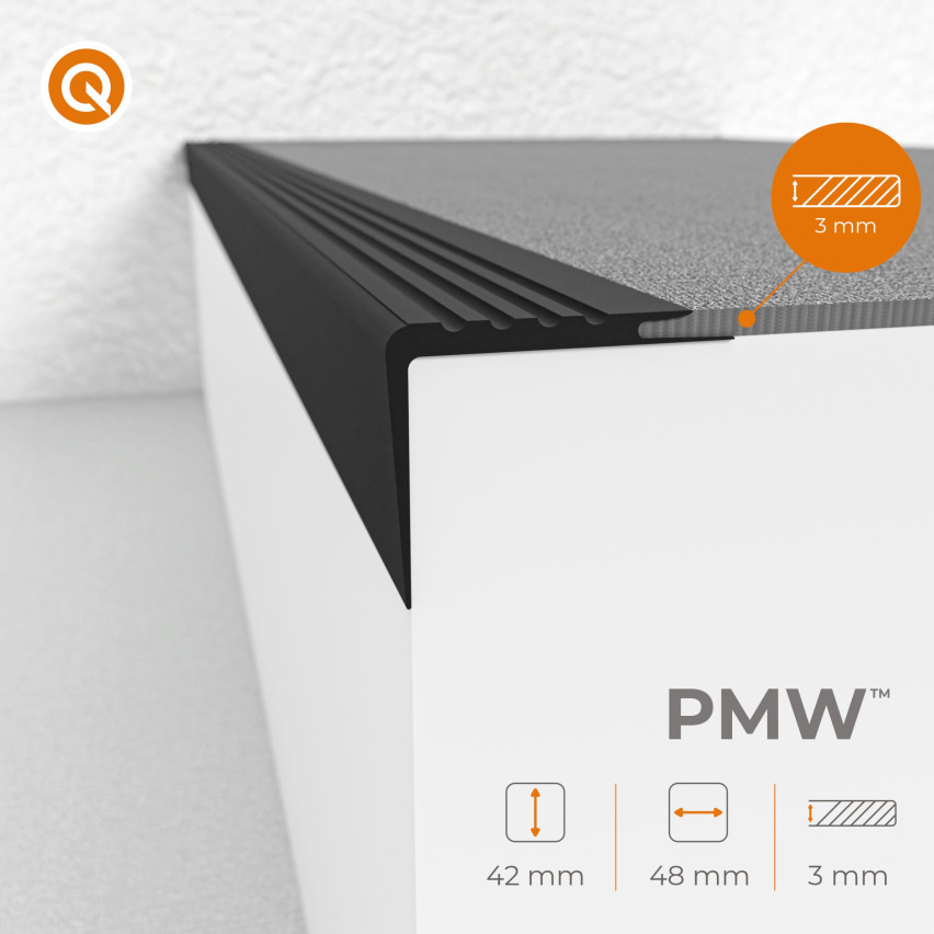 Profil schodowy PCV 48x42 mm, samoprzylepny antypoślizgowy nosek schodowy, PMW, ciemnoszary