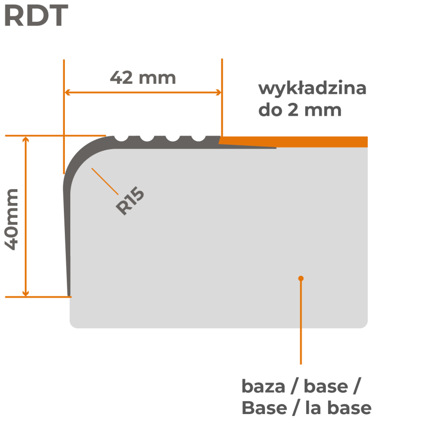 Profil schodowy PCV 40x42 mm, antypoślizgowy nosek schodowy, RDT, brąz, 150 cm